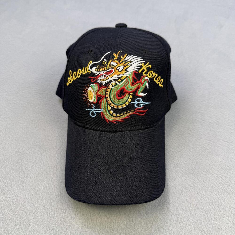 Seoul Korea Dragon Hat Cap Strap Back One Size Mens Black Embroidered Souvenir